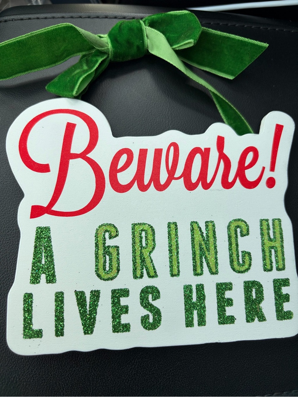 Beware! A Grinch Lives Here Green and Red Holiday Wall Sign with Velvet Ribbon